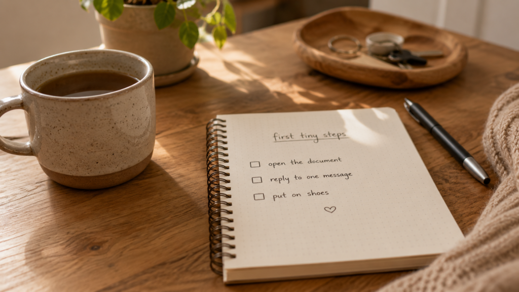 A simple notebook with tiny first steps, showing how to start a task by making the first action smaller.